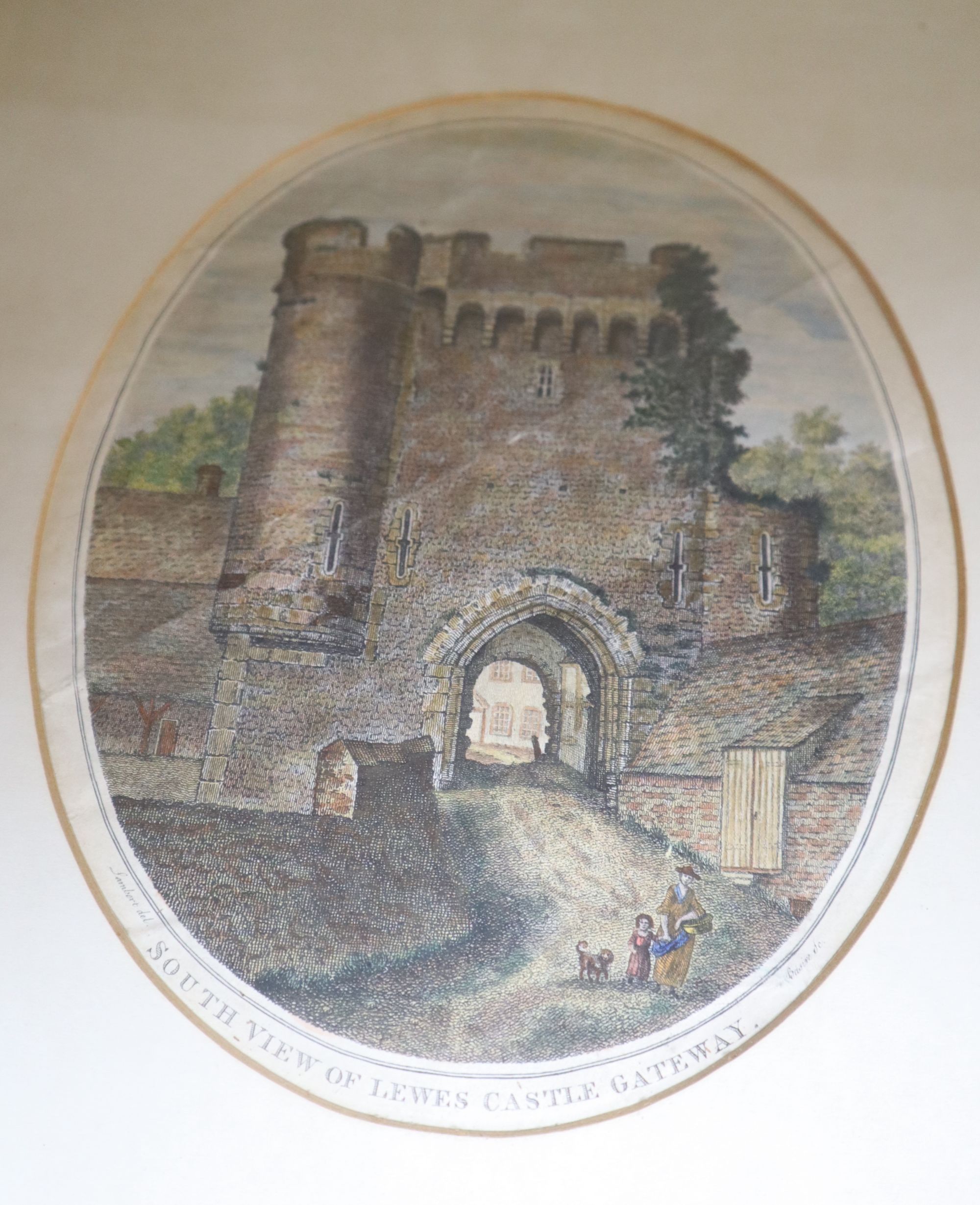 A collection of eleven assorted 19th century engravings and drawings, Views in and around Lewes, including Lamberts South View of Lewes